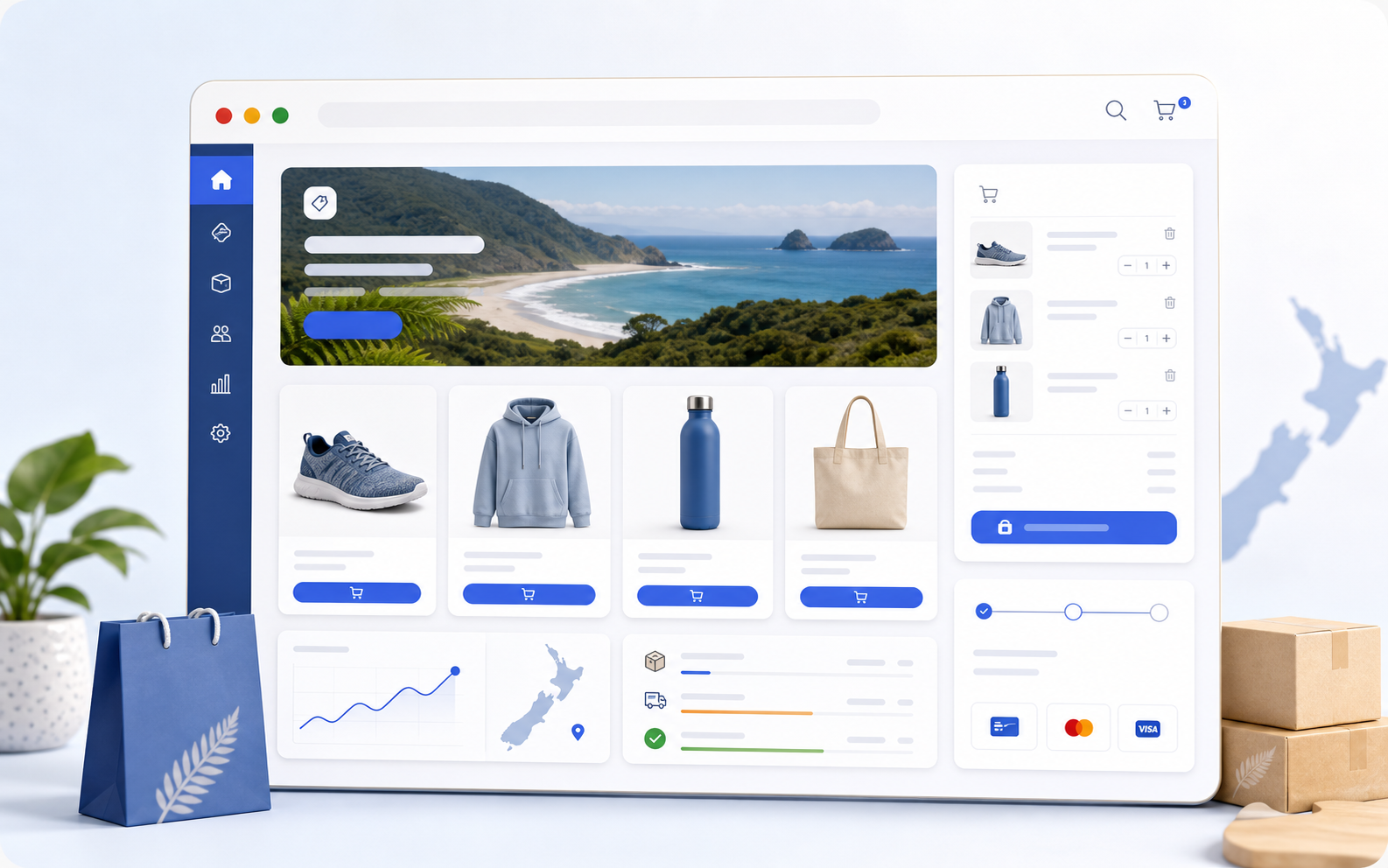 Premium ecommerce website interface with product cards, cart, checkout, payment, shipping, and New Zealand store cues