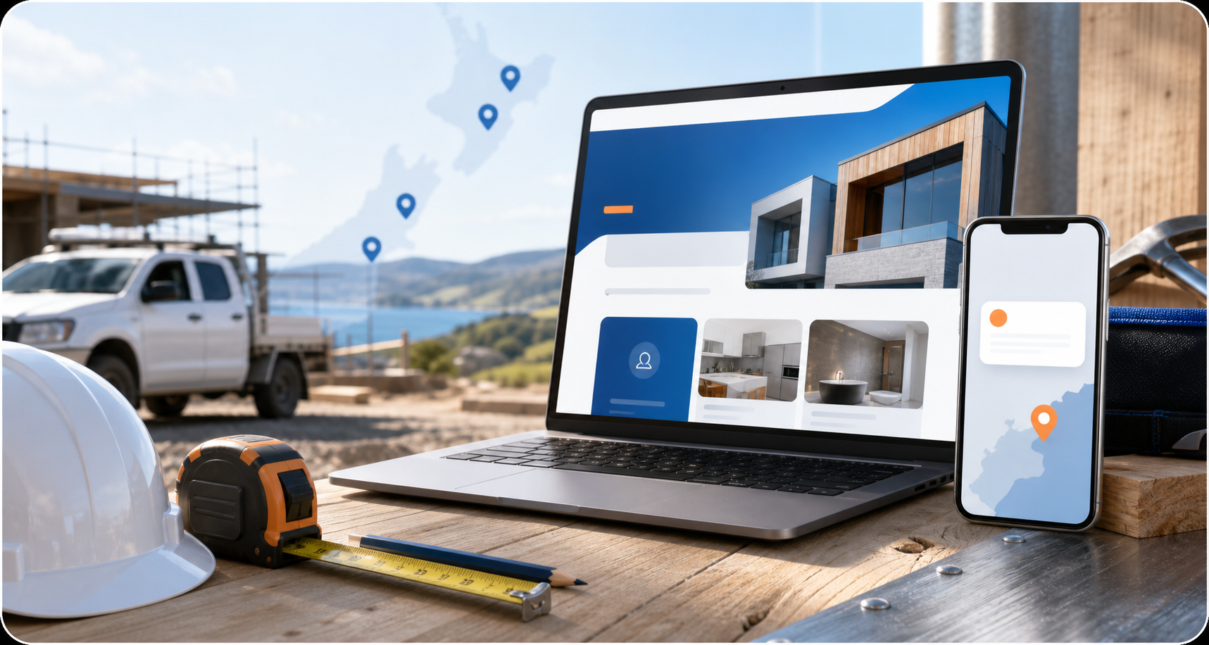 Tradie website mockup with tools, phone quote cue, ute, and New Zealand service-area markers
